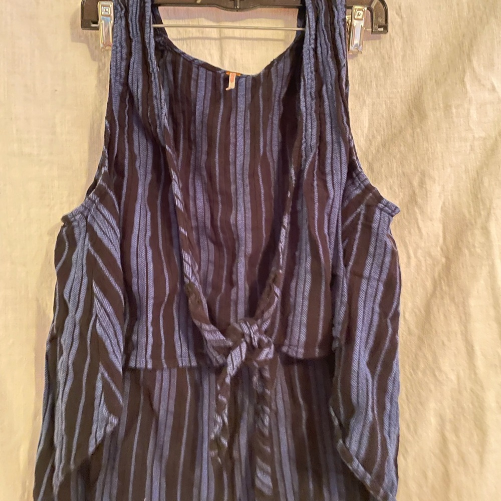 Free People Blue and Black Striped Tie-Front Tank Top